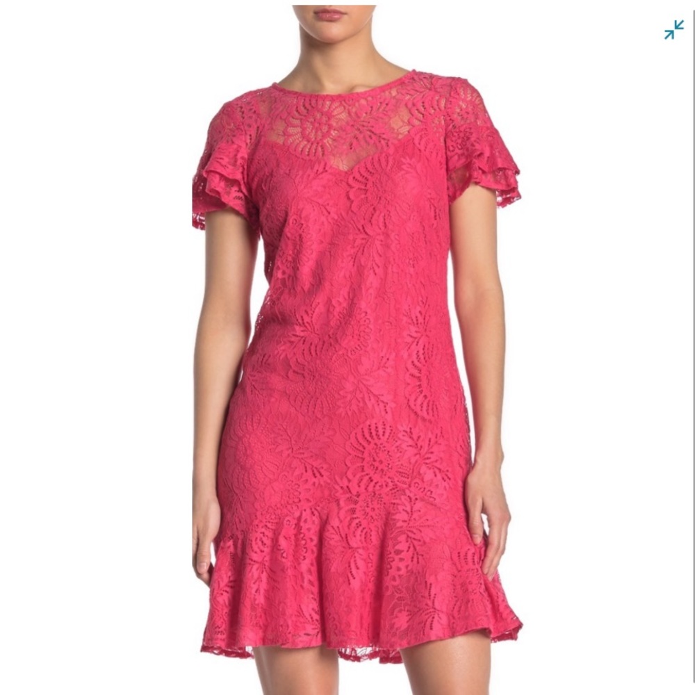 Kensie Ruffled Short Sleeve Lace Dress